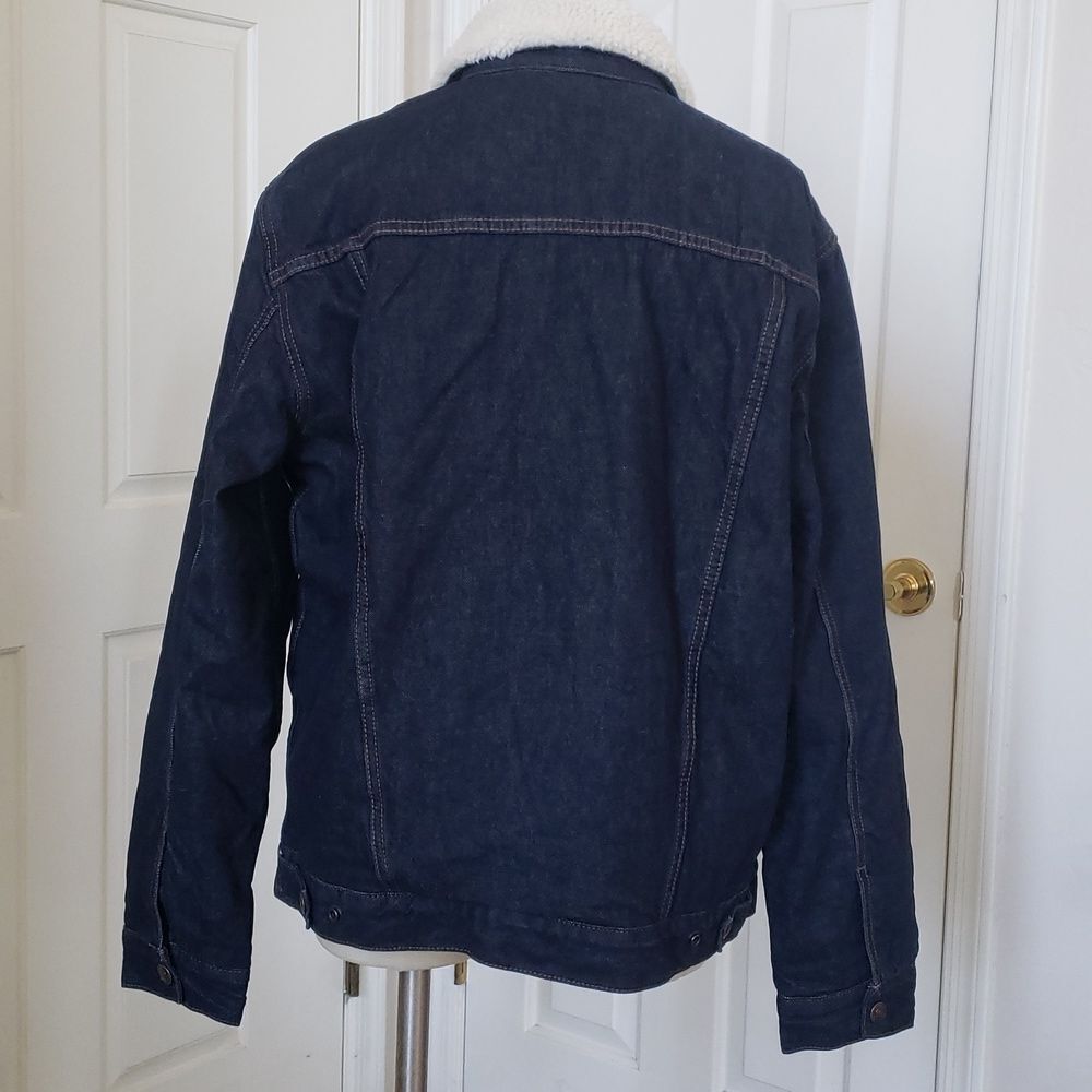 GAP Sherpa Lined Denim Trucker Jacket Dark Blue Oversized Cozy • SIZE SMALL - Picture 6 of 14